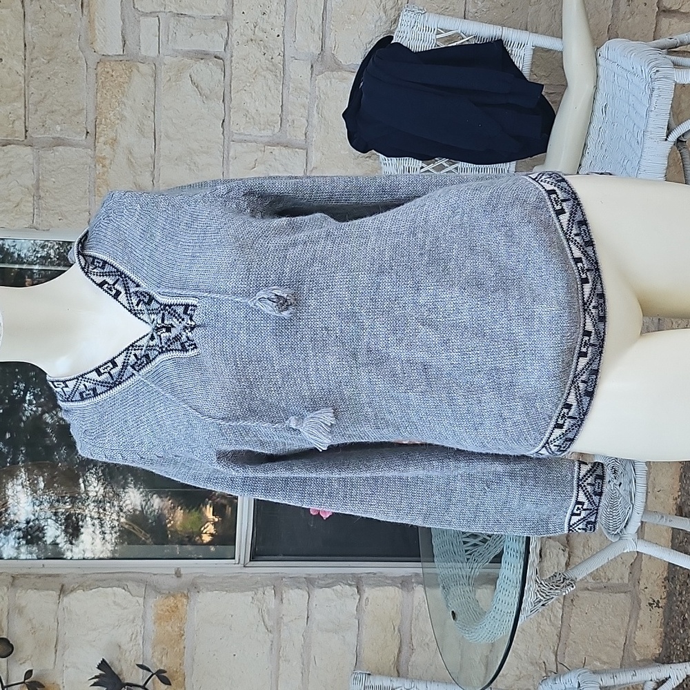 100% Baby Alpaca Textil Sulca Peru  Gray Patterned Women's Cozy Hooded Sweater M